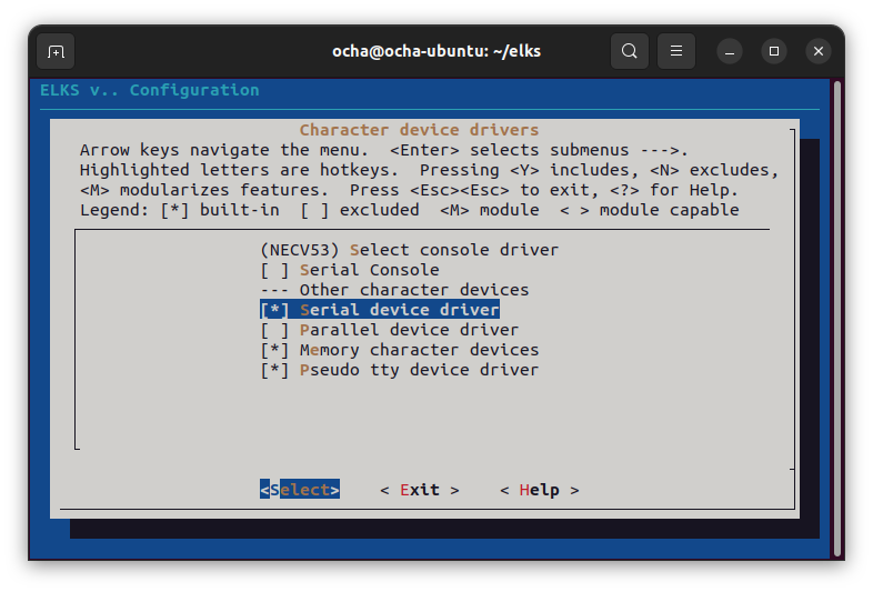 シリアルデバイスドライバの組み込み画面
