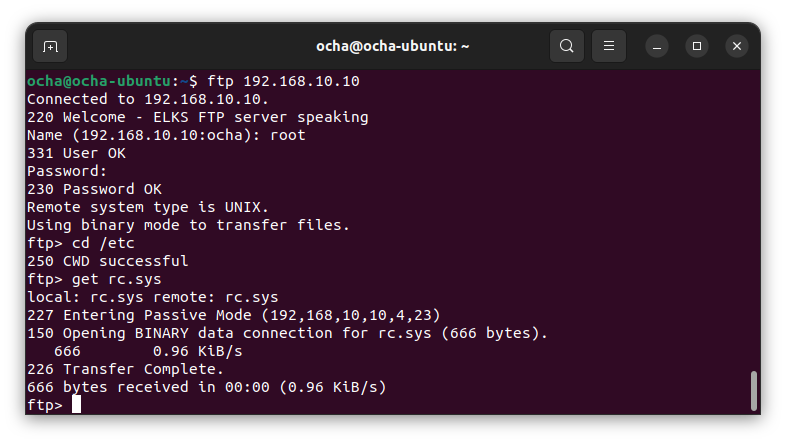 ftpでのファイル転送テスト